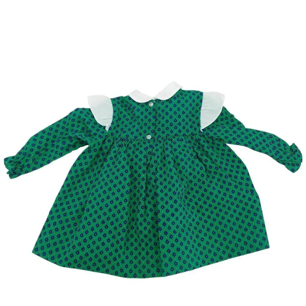 Vintage Sears Ruffle Collar Prairie Dress Size 20lbs 6-9 months Bow Floral Green